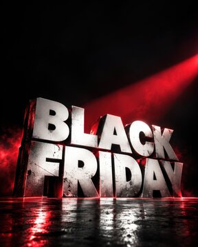 Black Friday text stands as a massive 3D structure illuminated by a sharp, dramatic red spotlight on a reflective, dark floor.