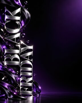 Black Friday lettering features metallic silver typography surrounded by flowing purple silk ribbons against a dark, moody background.