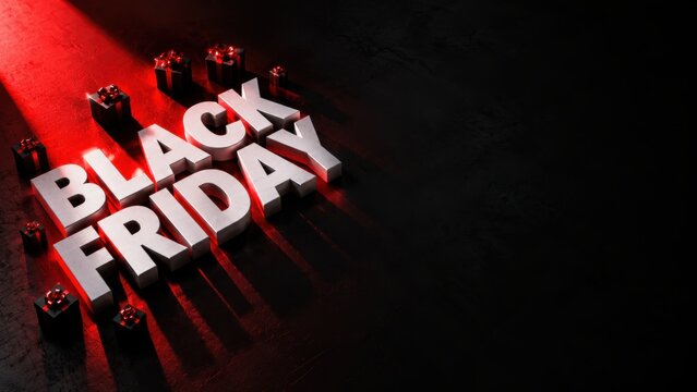 Black Friday typography stands in bold white relief against a dark textured surface illuminated by a sharp crimson beam of light.