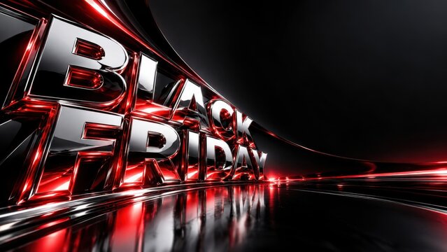 Black Friday bold chrome letters emerge from a dark, glossy environment with intense red light reflections and sharp edges.