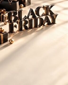 Black Friday signs stand elegantly beside wrapped gift boxes on a light textured surface under soft window light.