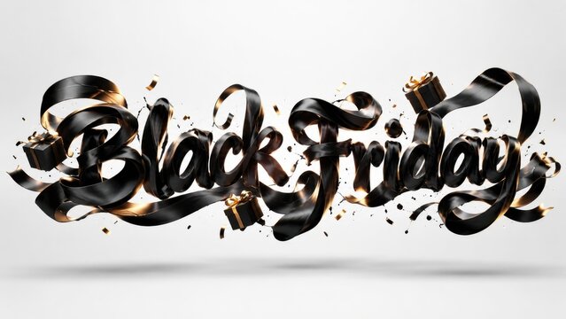 Black Friday typography is crafted from flowing black satin ribbons and small golden gift boxes against a clean white backdrop.
