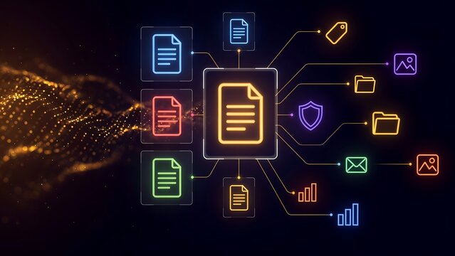 Document management system with glowing neon icons representing various digital files and folders on a dark background.