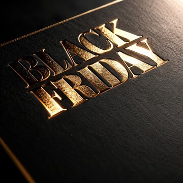 Black Friday typography is embossed in metallic gold lettering on a dark, textured matte black surface.