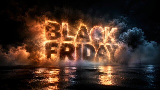 Black Friday text erupts in a dramatic explosion of intense orange flames and thick swirling smoke over a wet reflective surface.
