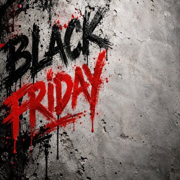 Black Friday lettering appears as a gritty, distressed red paint spill textured onto a rough concrete wall surface.