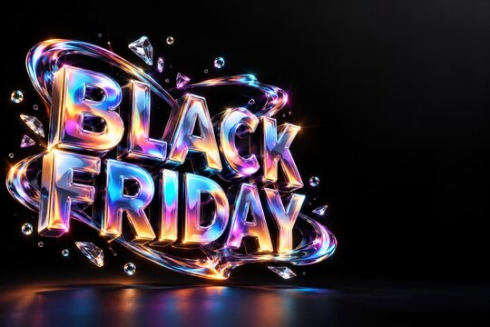 Black Friday typography shines with iridescent metallic textures and floating diamond accents against a deep dark background.