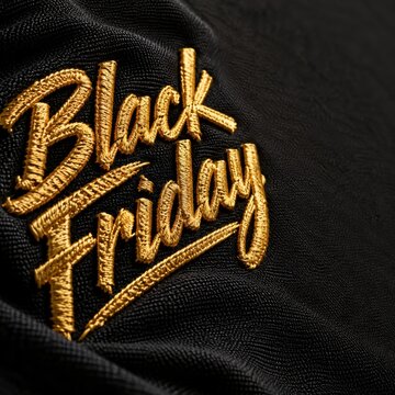 Black Friday text rendered in luxurious gold embroidery sits on a soft black fabric surface with intricate thread textures.