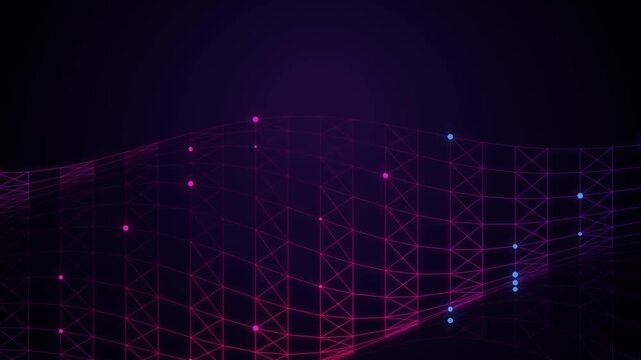 Abstract purple wireframe network wave moving slowly on dark background animation.