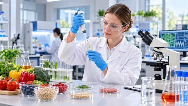 Scientist conducting food quality analysis using laboratory equipment in modern research center for safety testing