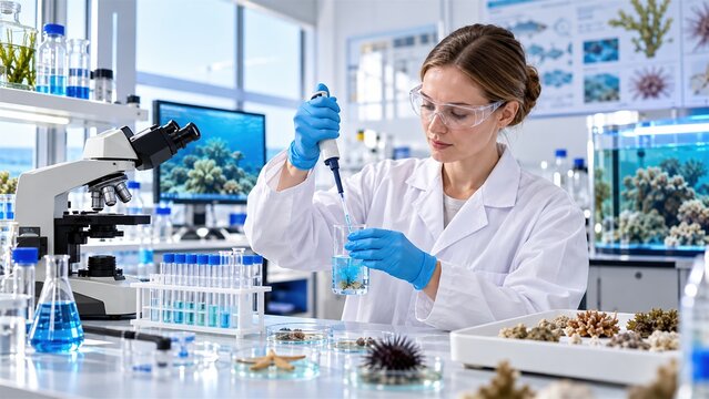 Professional marine biologist conducting advanced research on coral reef samples in modern laboratory science facility