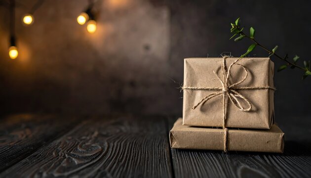 Eco friendly packaging gifts in kraft paper on a dark wooden table 
