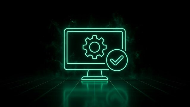 Neon computer monitor with gear and checkmark icon signifying settings, configuration, and system optimization in glowing green.