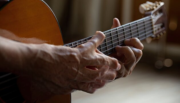 Close-up of aged hands playing a classical guitar with focus on the fretboard and fingers.