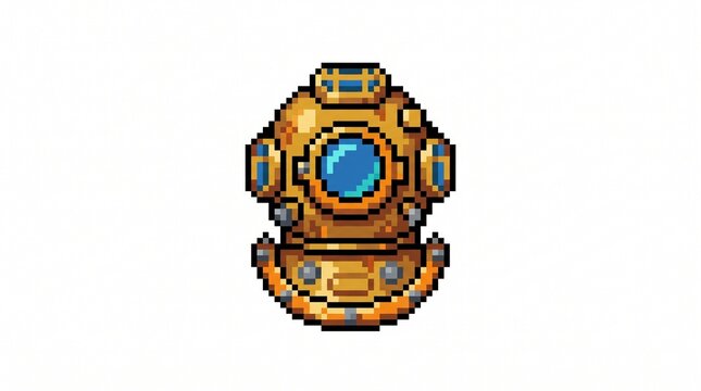 8-bit pixel art of an antique brass deep sea diving helmet game asset isolated on white.