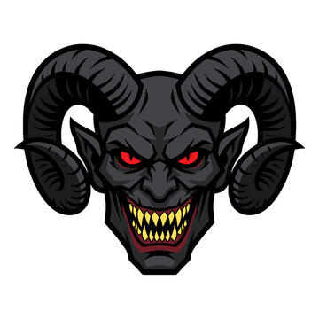 Aggressive dark fantasy flat vector icon of a horned devil with glowing red eyes and razor teeth facing the camera.