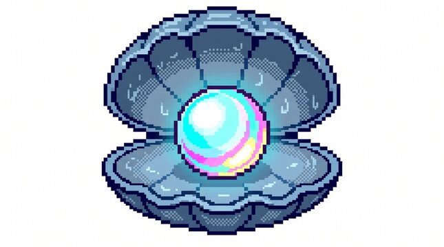 8-bit pixel art of a glowing white pearl inside an open oyster shell game asset isolated on white.