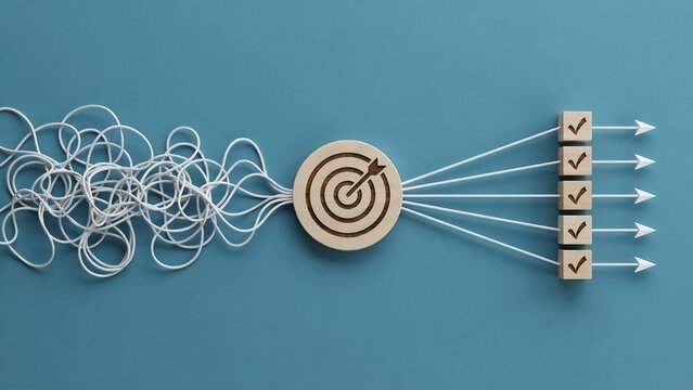 Complex tangle of white wires leading through target wood icon to checkmark blocks on blue background represents problem solving and objective achievement success.