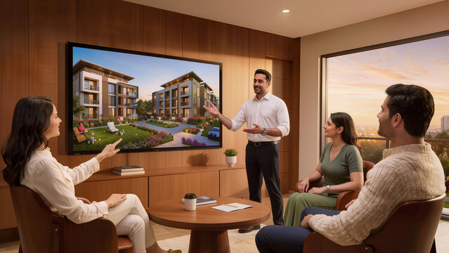 Real Estate Agent Presenting Luxury Apartment Project on Big Screen to Indian Young Couple