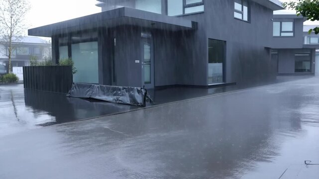 contemporary residential street during heavy rainfall, water slowly accumulating near doorways, temporary flood barrier installed in front of a modern