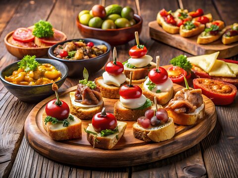 Assorted Bruschetta Appetizers on a Wooden Serving Board with Bowls of Olives and Vegetables