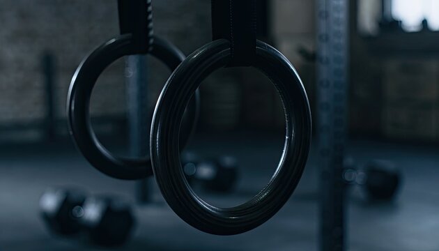 Gymnastic rings hang in a dimly lit gym, ready for a workout.