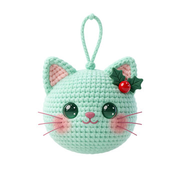 А round cat head kawaii Christmas bauble ball made using the amigurumi crochet technique. Decorated with a small red holly berry.Isolated on a transparent background.