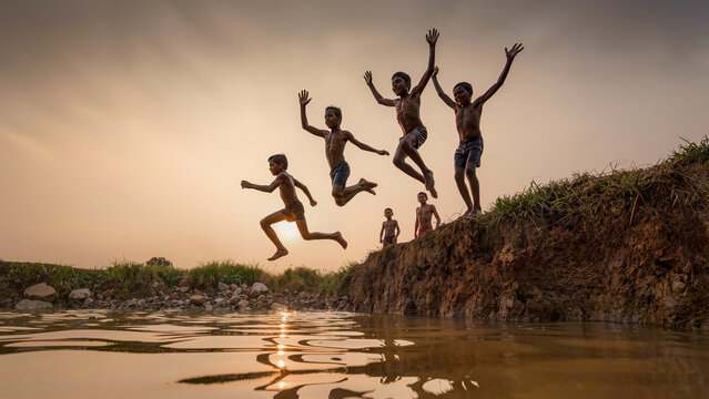 Group of Happy Village Boys Running and Jumping into River Water During Warm Golden Sunset
