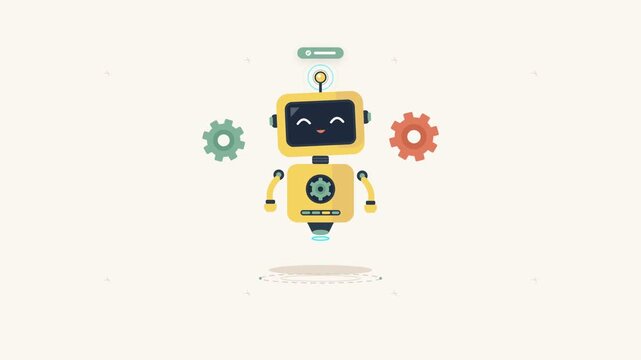 Cute yellow robot character analyzing system errors with spinning gears on white background for technology diagnostic concept
