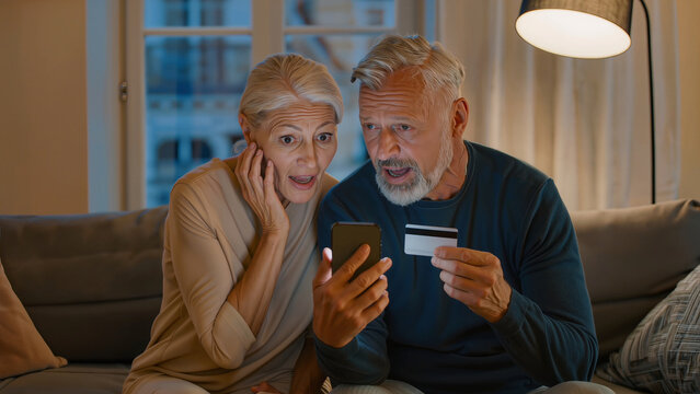 Surprised Senior Couple Holding Credit Card and Looking at Smartphone Screen in Dark Room