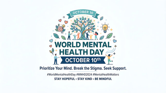  "WORLD MENTAL HEALTH DAY," "Prioritize Your Mind. Break the Stigma, A light blue "OCTOBER 10" banner arches over a leafy stylized tree surrounded by icons and small figures &mdash; plants, a sea turtle