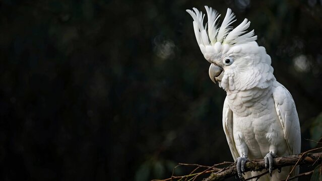 White cockatoo with raised crest portrait on dark background