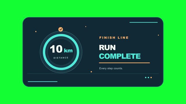 Distance tracking interface showing 10 km progress on dark digital dashboard with green screen background
