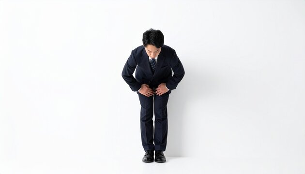 白背景で深くお辞儀をするスーツ姿の日本人男性