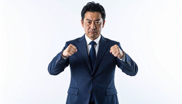 闘志をあらわに拳を構えるスーツ姿の日本人男性