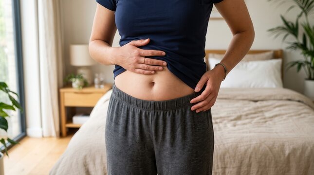 Woman hands on her stomach feeling bloating and digestive discomfort at home