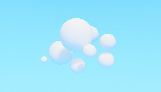 A collection of smooth, white spheres float against a gradient blue background.