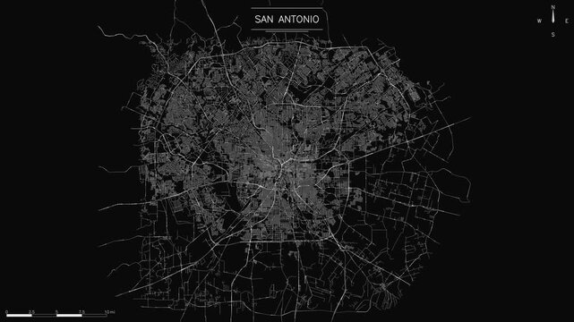 minimalist map of San Antonio, intricate web of city streets with pulsating flowing traffic lights against a dark background