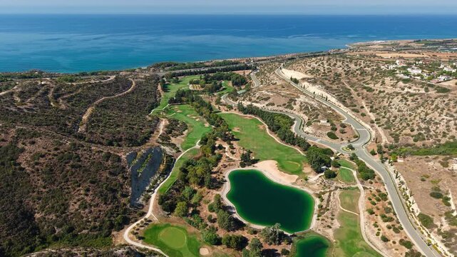 Drone View of Aphrodite Hills Secret Valley Golf Course on Cyprus on Hot Sunny Summer Day