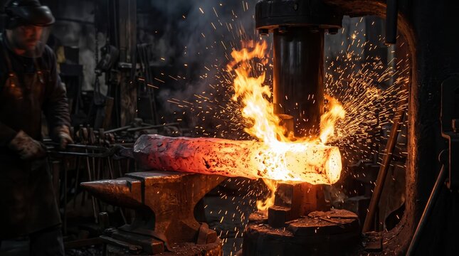 Blacksmith forging glowing hot metal with heavy hammer in industrial workshop