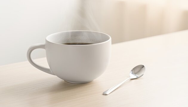 A steaming cup of coffee sits next to a spoon on a wooden table.