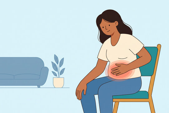 woman sitting on a chair holding her stomach with a red pain highlight in a living room flat style illustration for healthcare and wellness materials