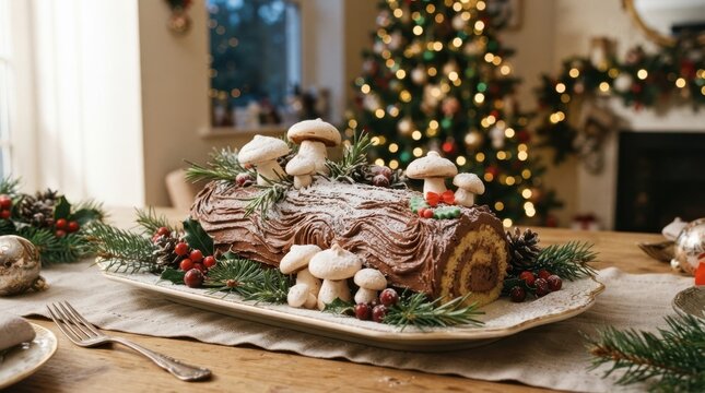 Festive chocolate yule log cake decorated with meringue mushrooms for a Christmas holiday dinner