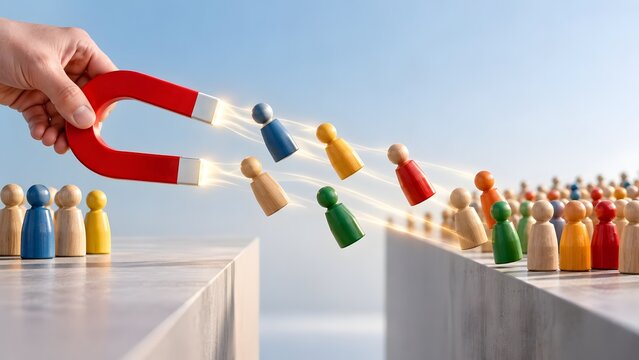 Hand using a red magnet to pull wooden peg figures across a gap representing customer acquisition and overcoming business challenges
