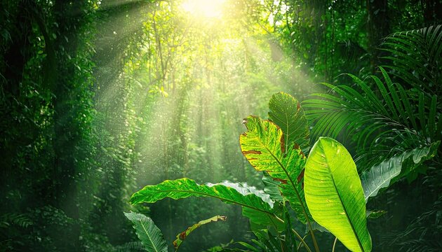 Sunbeams pierce through lush green jungle foliage, illuminating dust motes in the humid air.