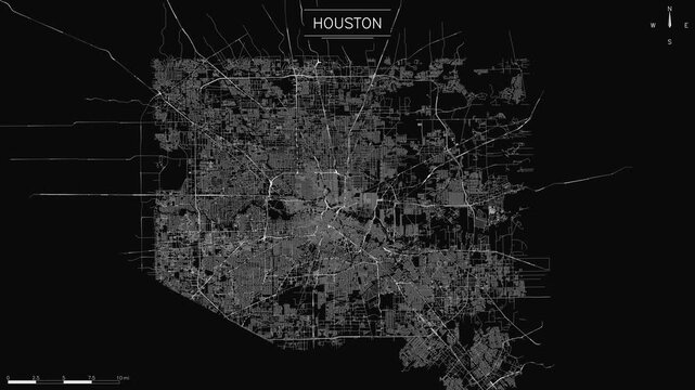 Street network of Houston with glowing pulsating flowing white traffic lines on black background, loopable animation