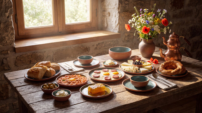 Traditional Local Breakfast on Handmade Ceramic Tableware