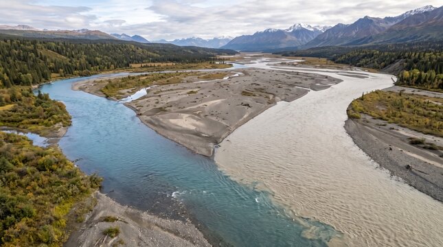 Two rivers merging on a wide floodplain with mountains in the background