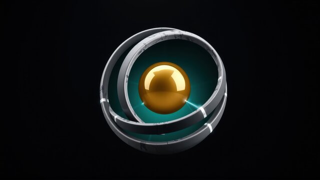 Golden sphere inside metallic rings. Teal glow emanates from center. Dark background emphasizes circular design, creating futuristic look.