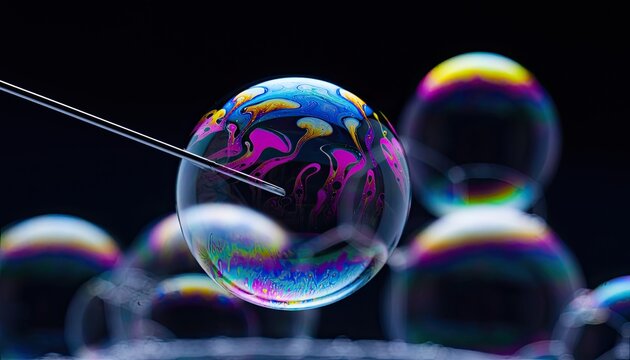 A needle pierces a soap bubble, creating abstract patterns and colors.